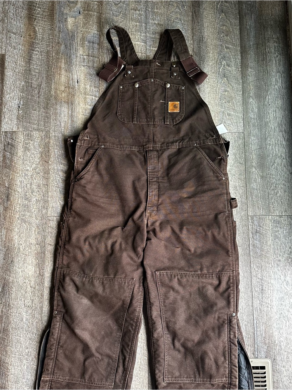 Carhartt R27 DKB Quilt Lined Duck Bib Overalls Brown 40x32 Distressed Workwear